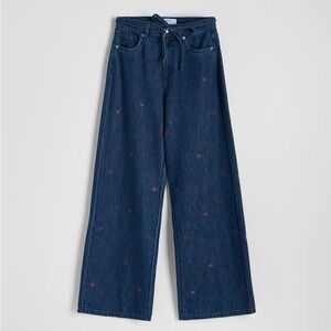Reserved Blue Wide Leg Jeans with Red Embroidered Hearts